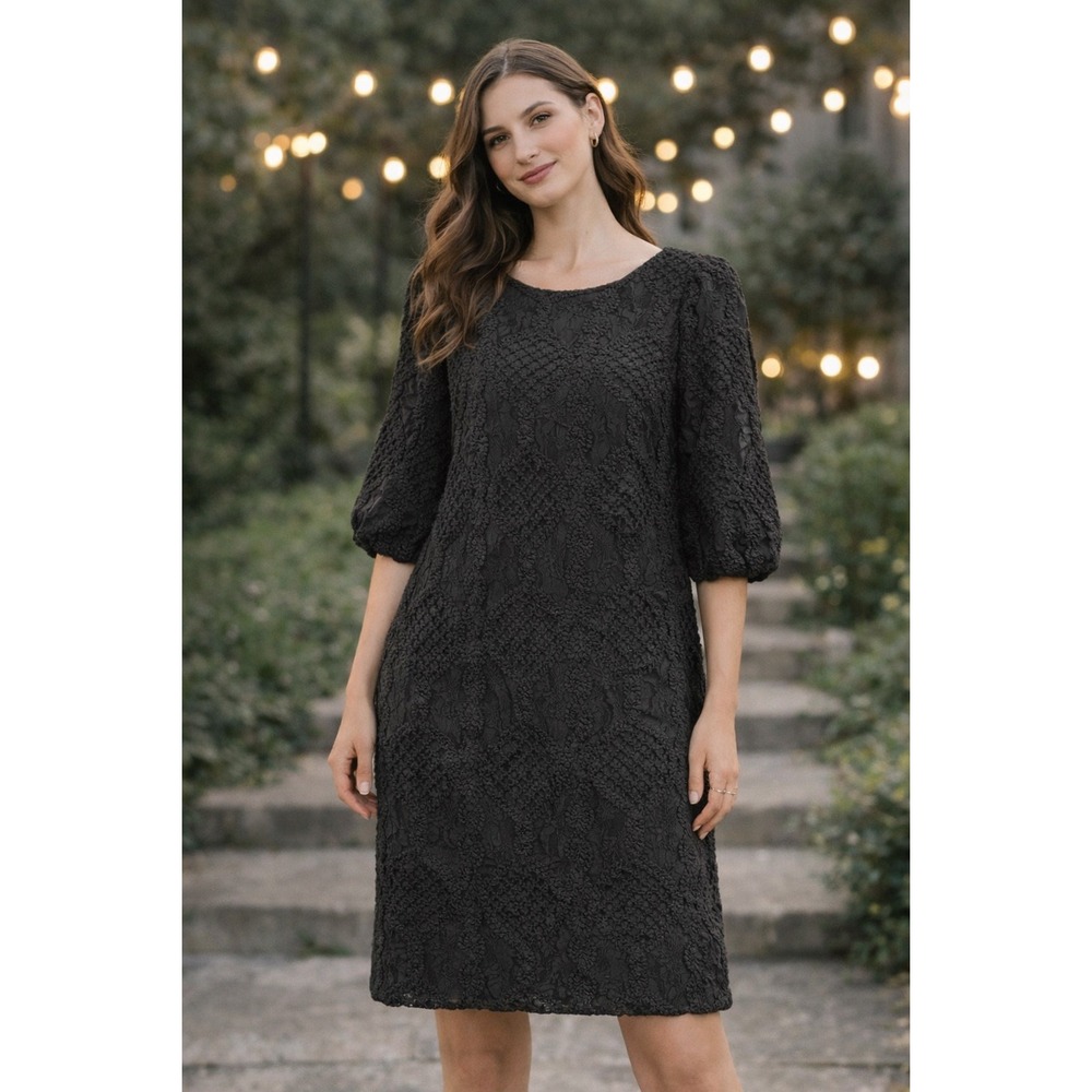 Taifun Black Textured 3D Lace Puff Sleeve Shift‎ Dress 381311-16112-1100 US 8